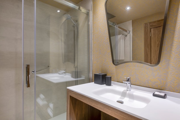 vanity with sink, mirror, shower