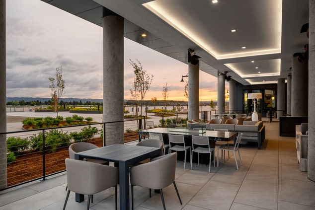 dining, outdoor, patio, sunset, river view, heated