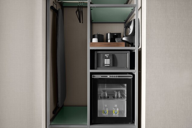 Closet with mini-fridge, safe and coffee maker