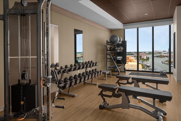 Fitness center with dumbbells', benches and rack