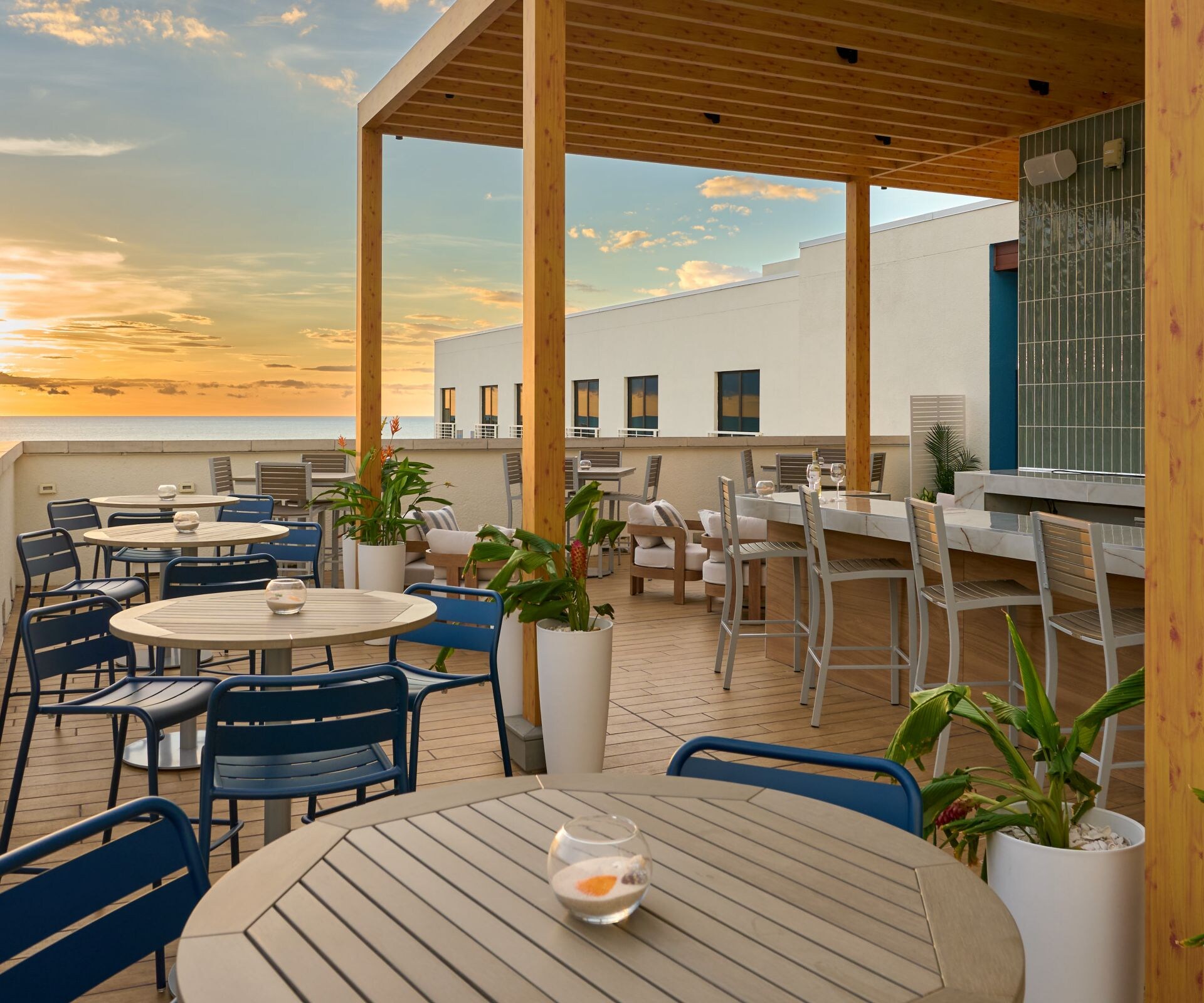 Rooftop bar with sea views and sunset