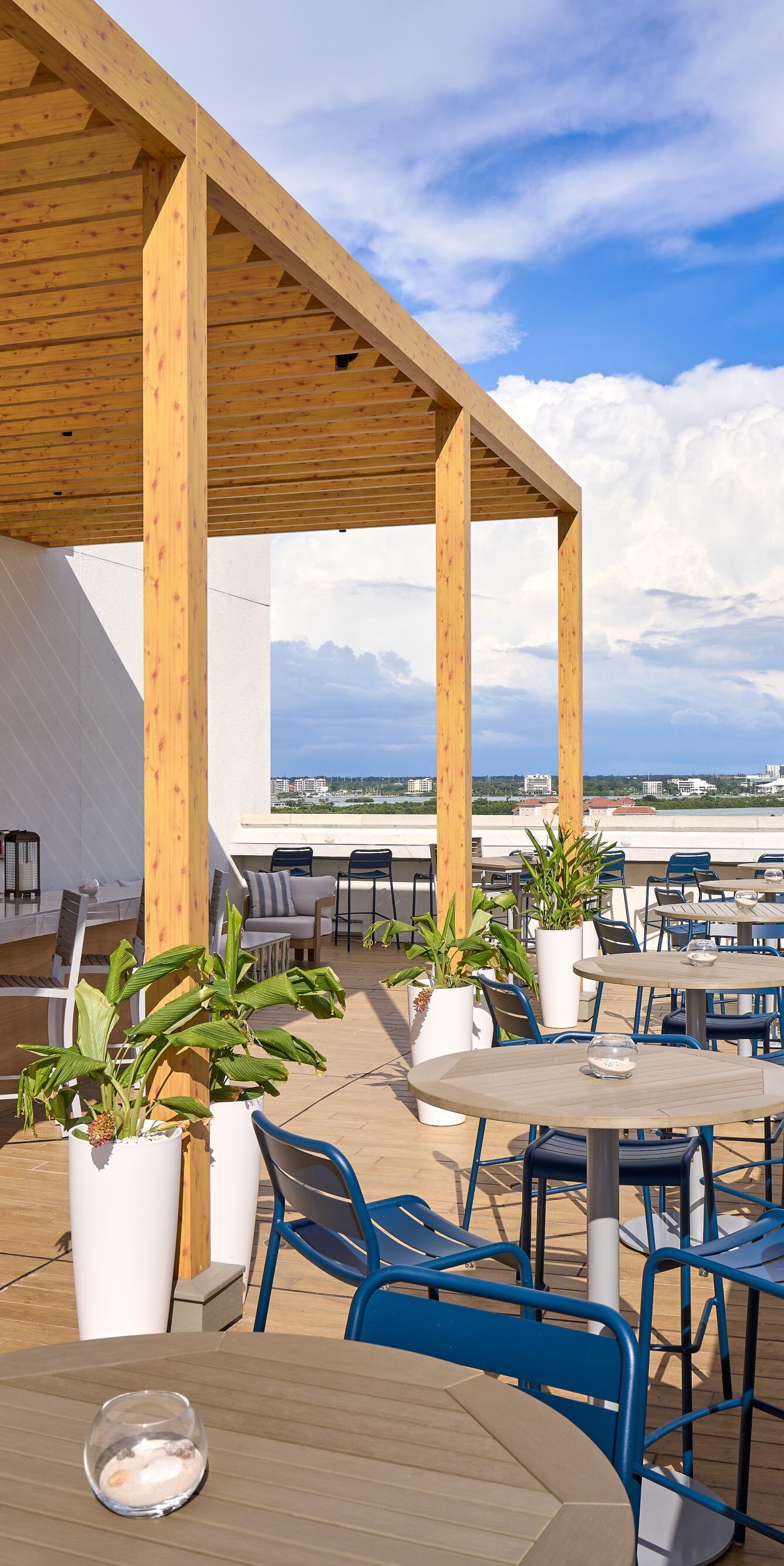 Rooftop bar with waterfront skyline view