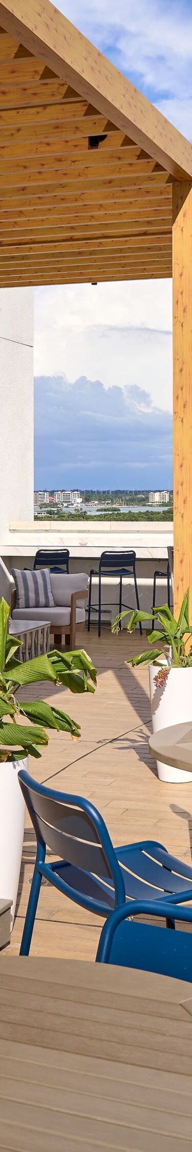 Rooftop bar with waterfront skyline view