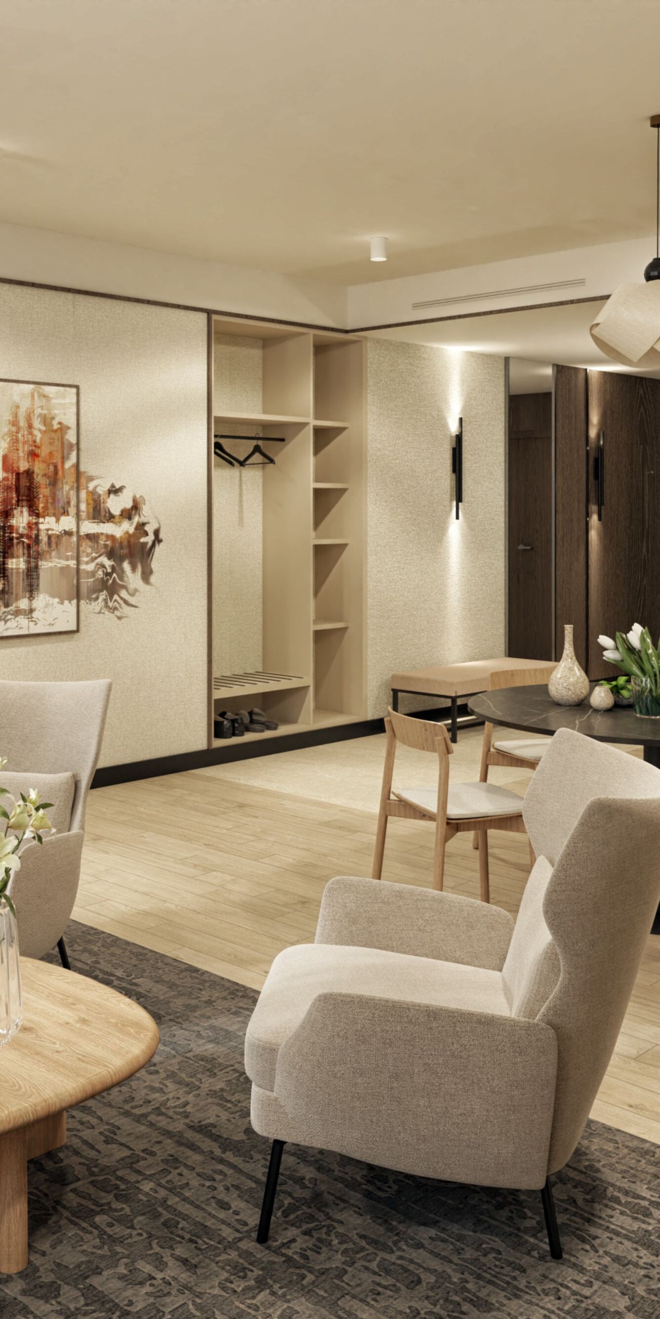Sitting area with sofa, armchairs and kitchenette 