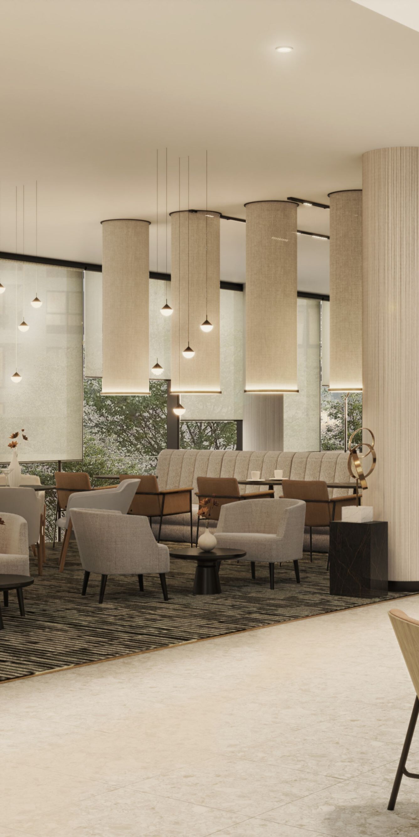 tables, chairs, and pillars in large lobby