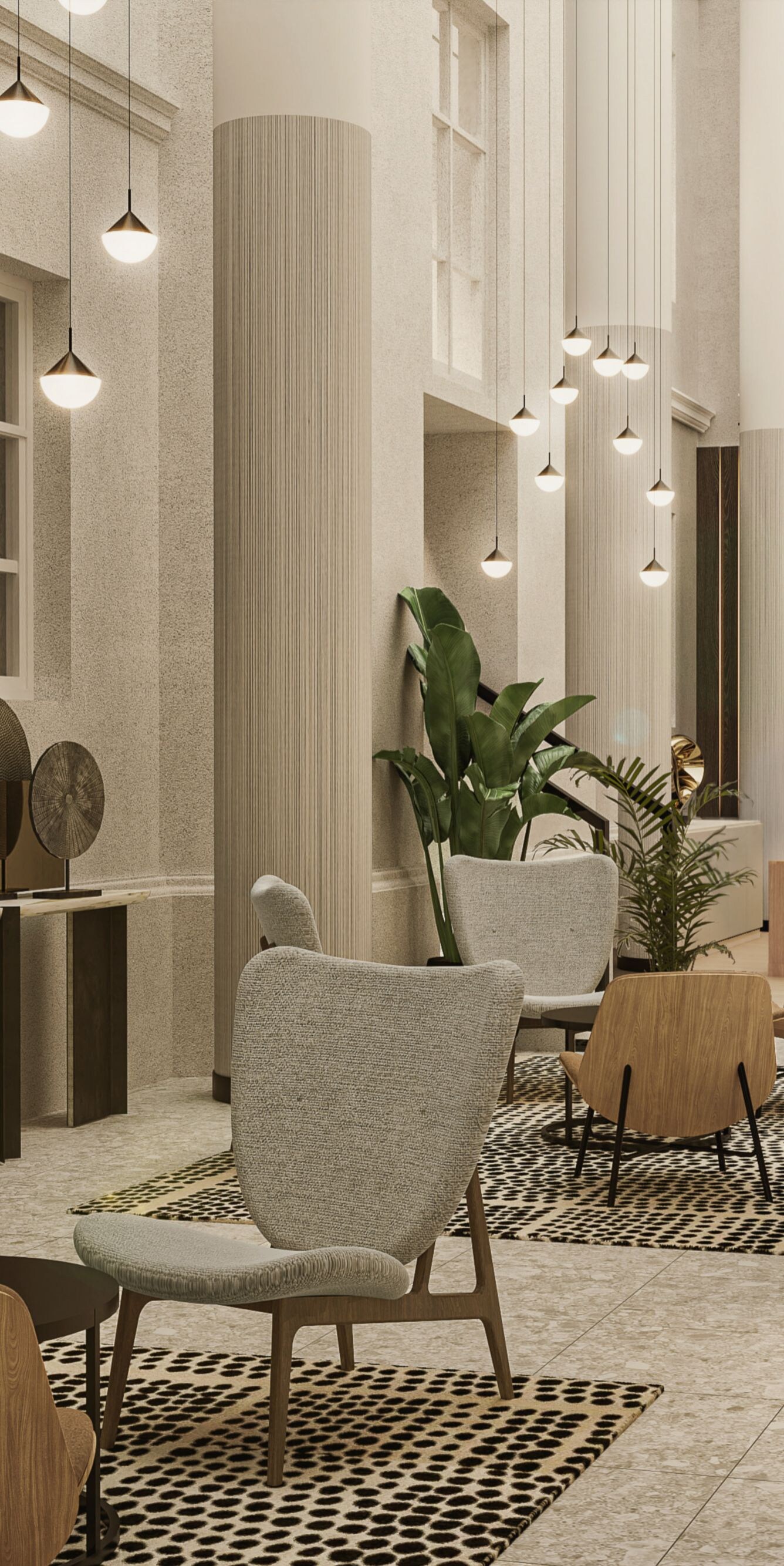 Hotel lobby view with seating areas