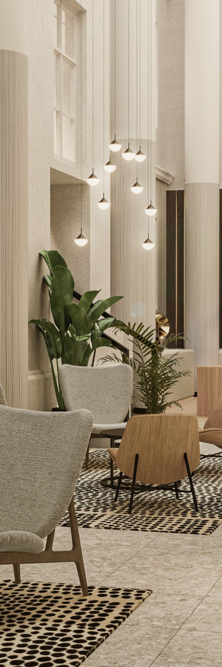 Hotel lobby view with seating areas
