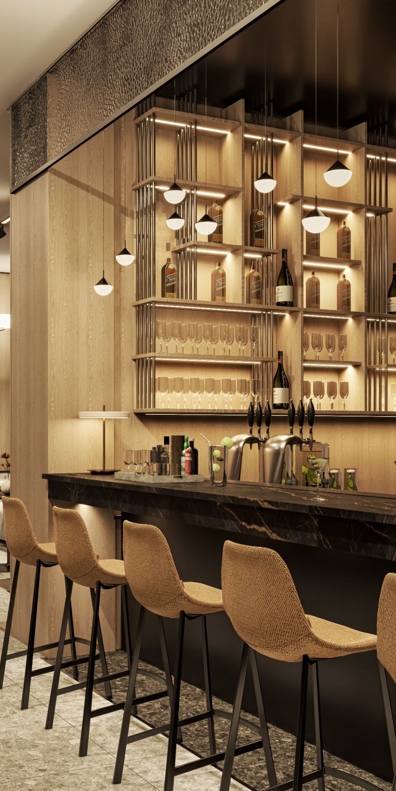  Bar with stools and a dining area
