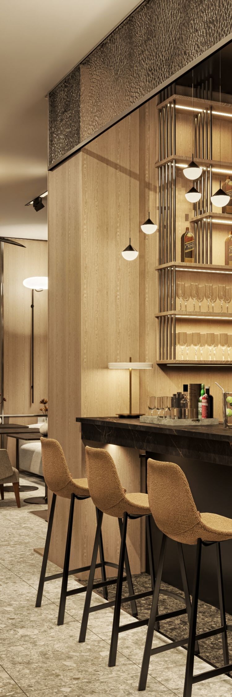  Bar with stools and a dining area