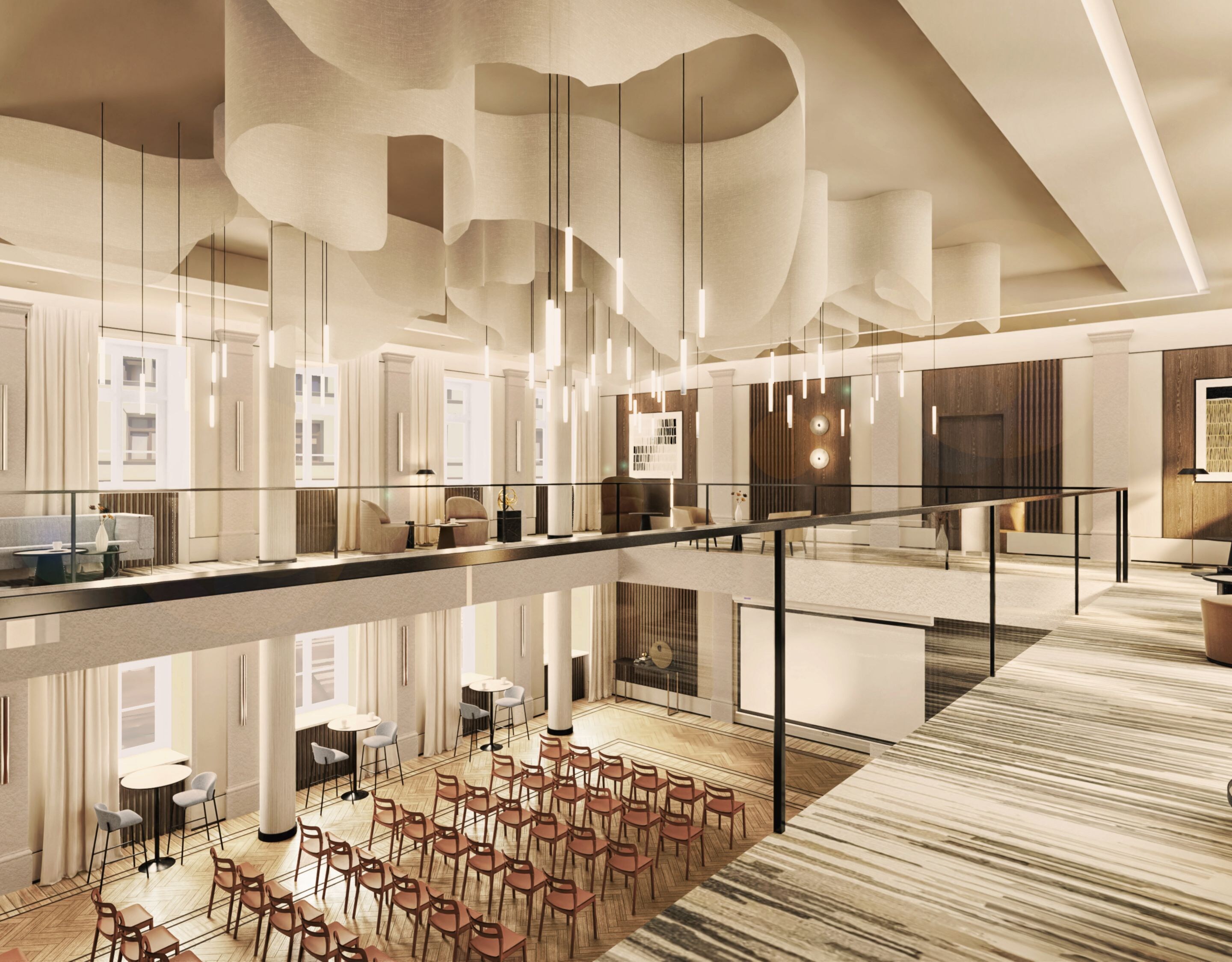 Two-story meeting hall with seating and balcony