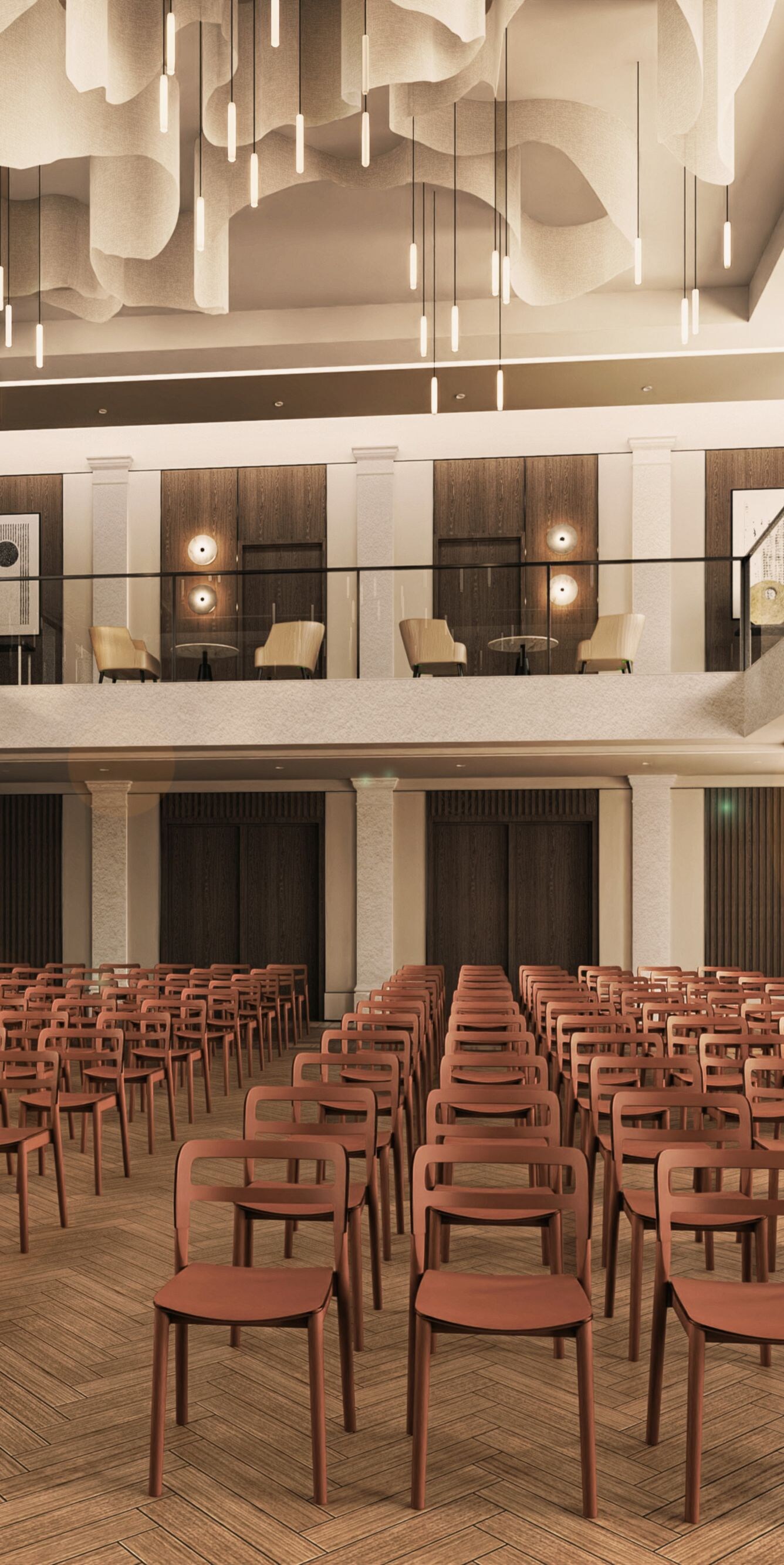 rows of chairs in meeting room with balcony