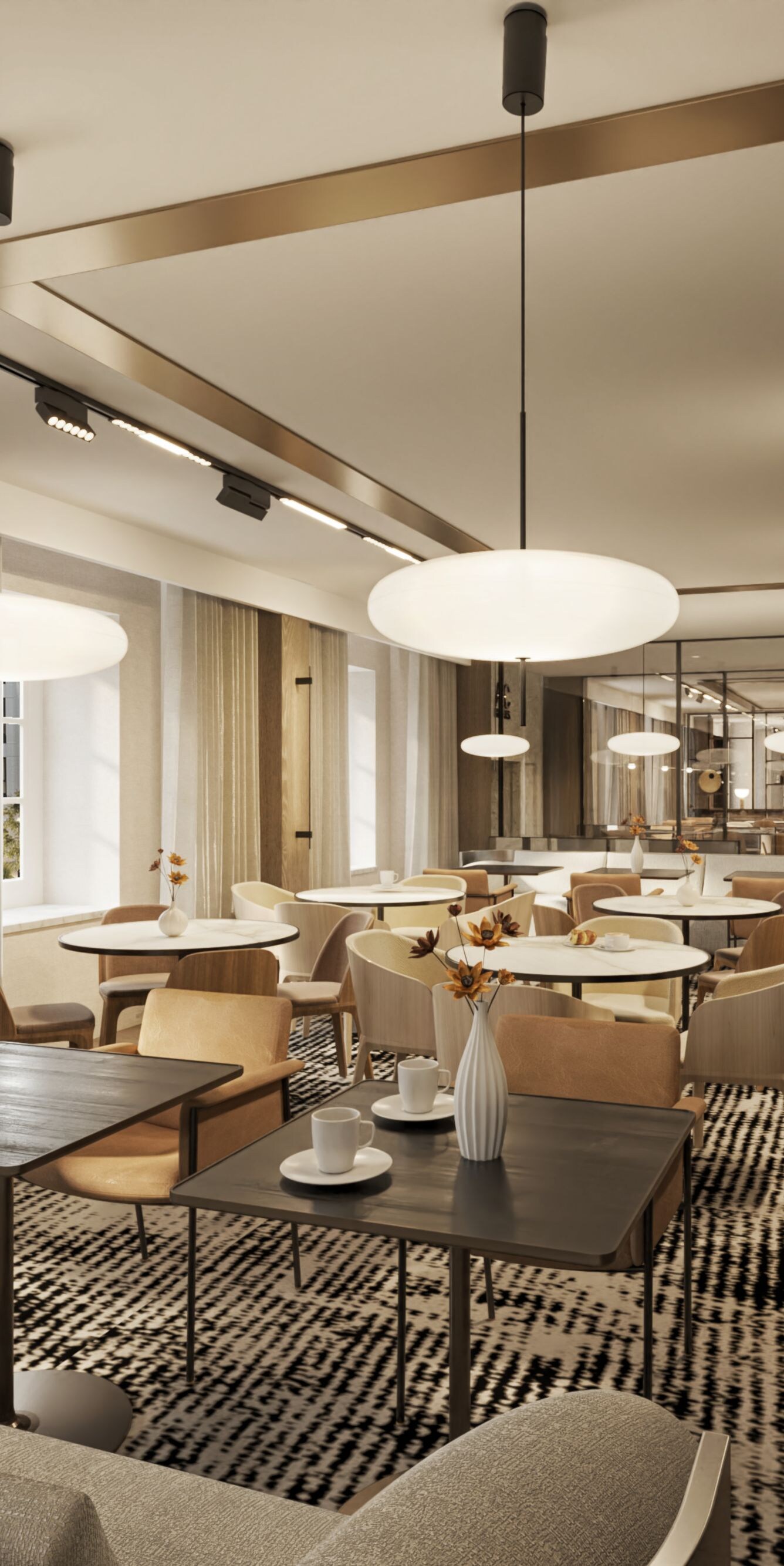Modern restaurant dining area with tables and bar 
