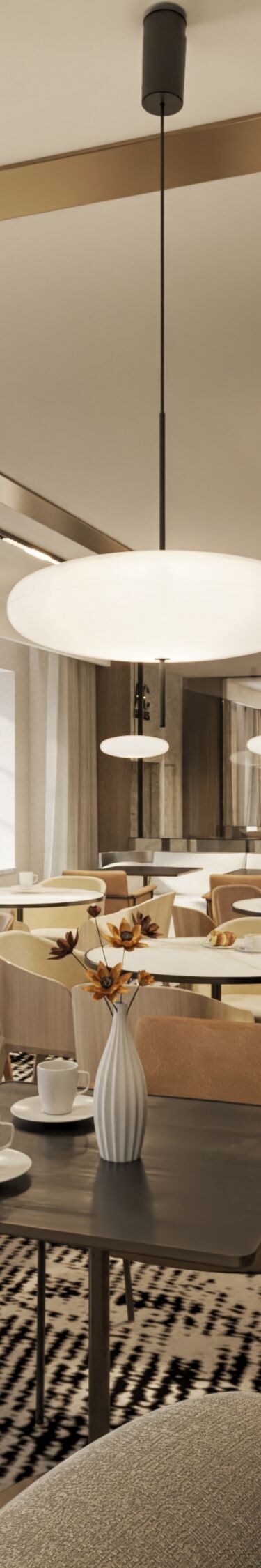Modern restaurant dining area with tables and bar 
