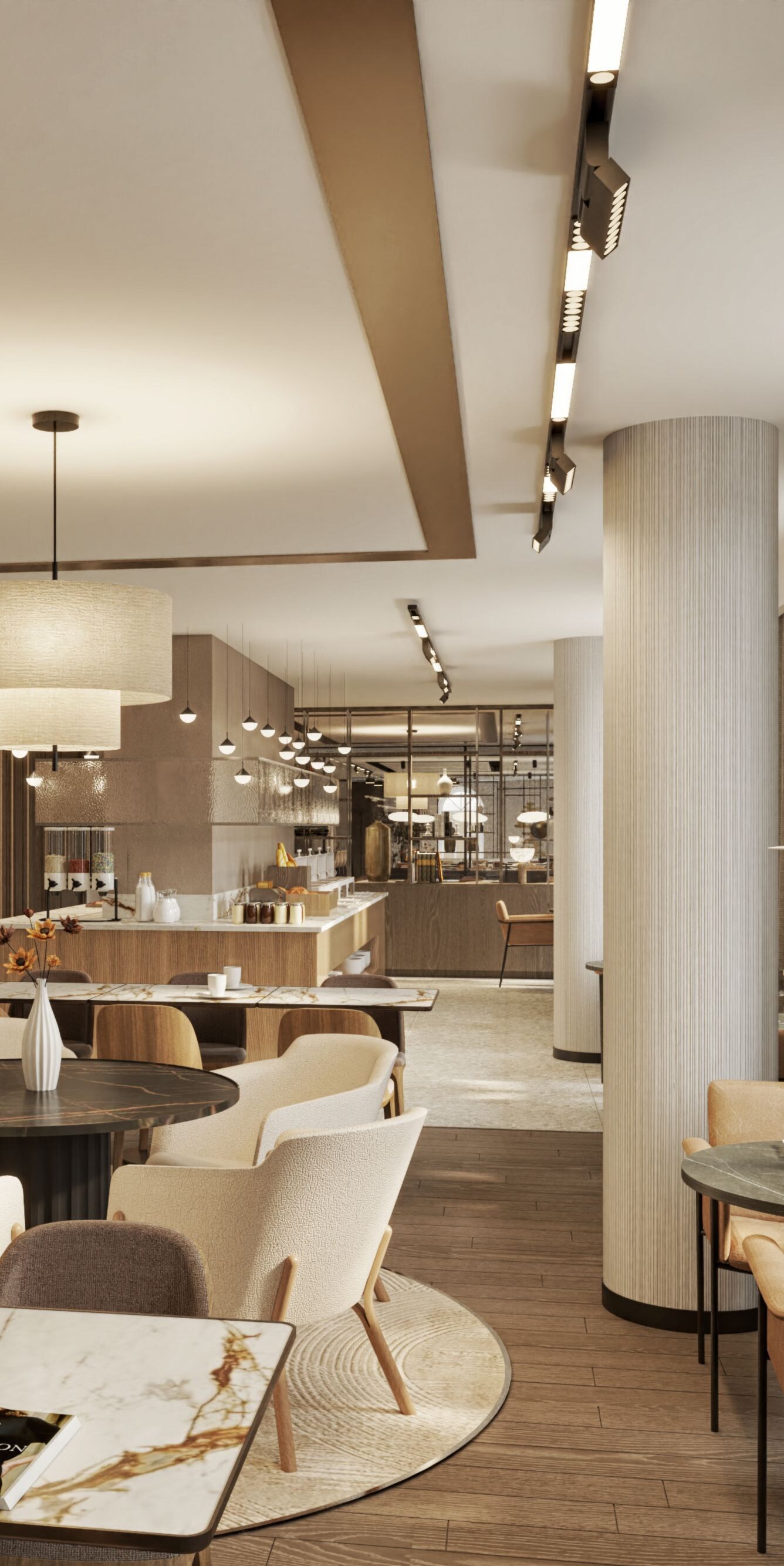 Modern restaurant dining area with tables