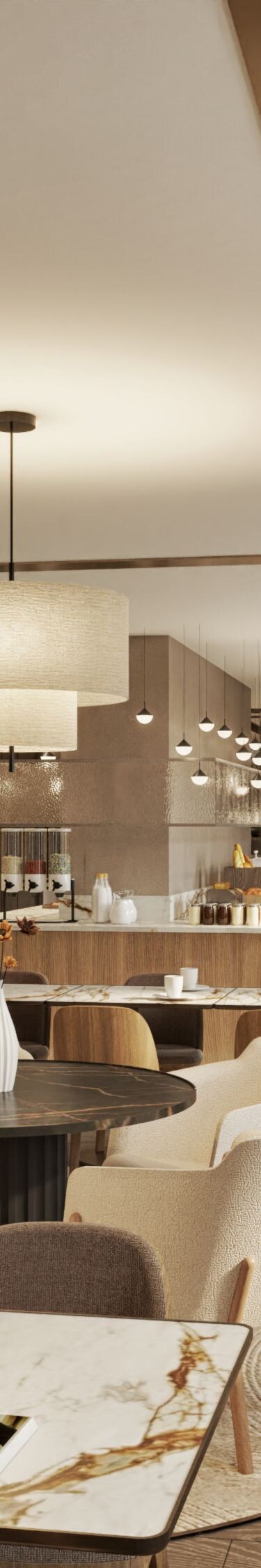 Modern restaurant dining area with tables