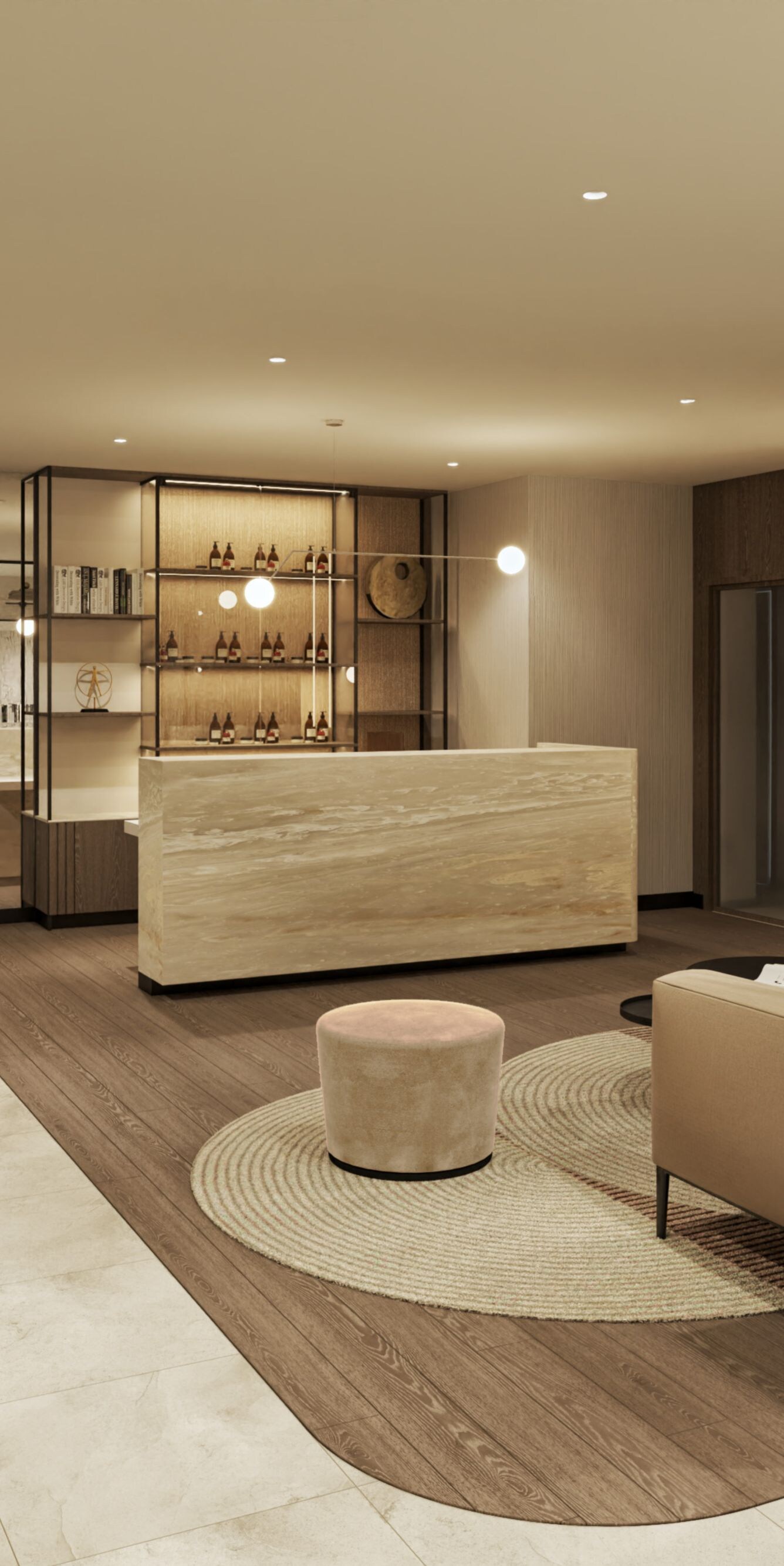 spa lobby with reception desk and seating area