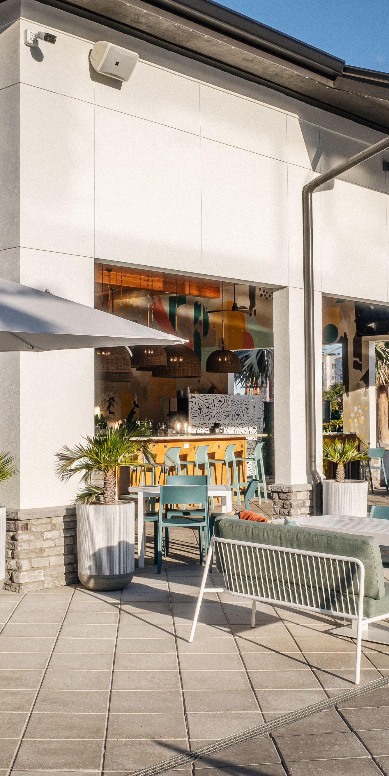 Outdoor restaurant seating with umbrellas