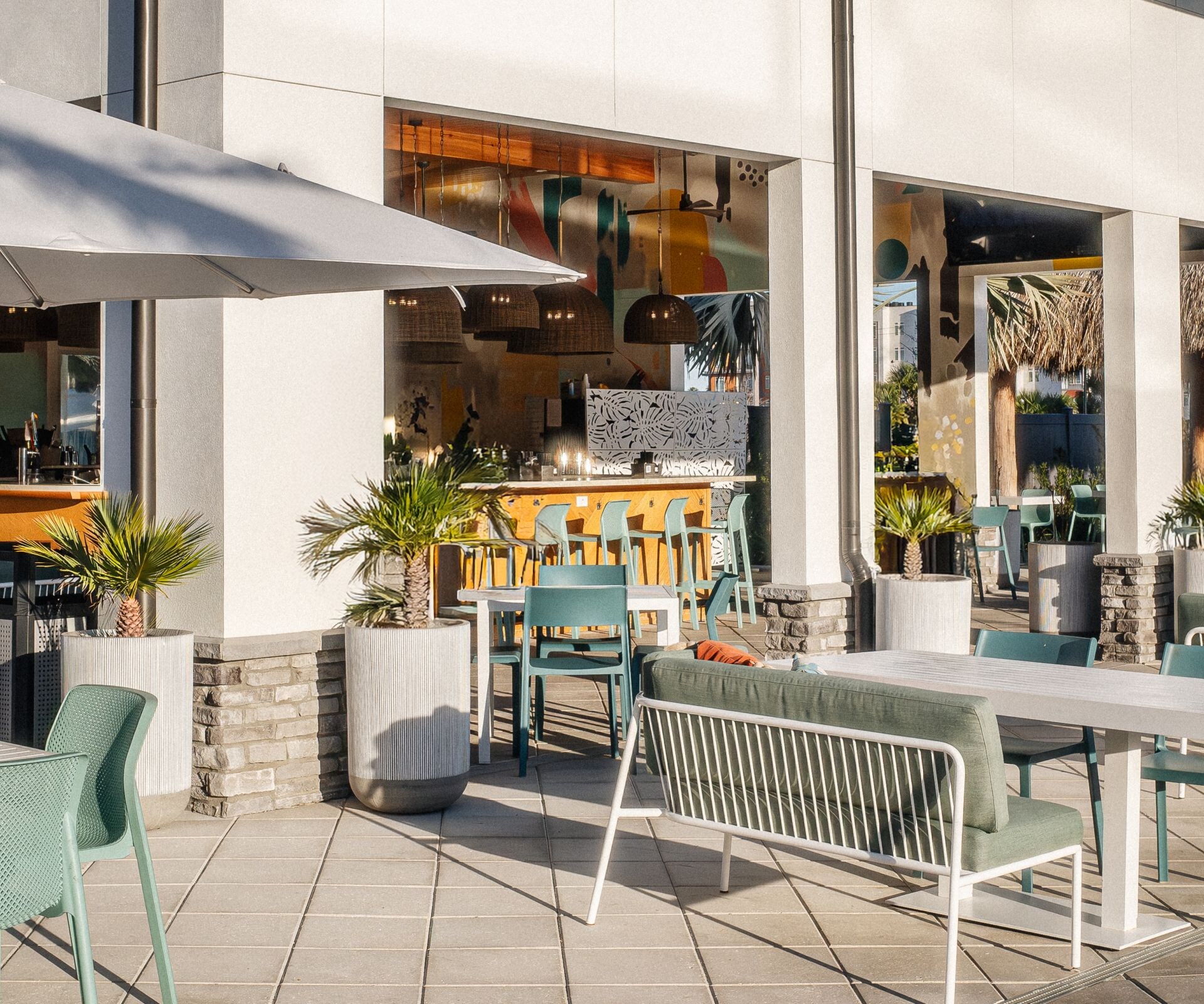 Outdoor restaurant seating with umbrellas