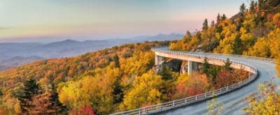Road at dawn with peak autumn colors