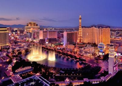 Las Vegas Skyline at Night with Bellagio Fountain