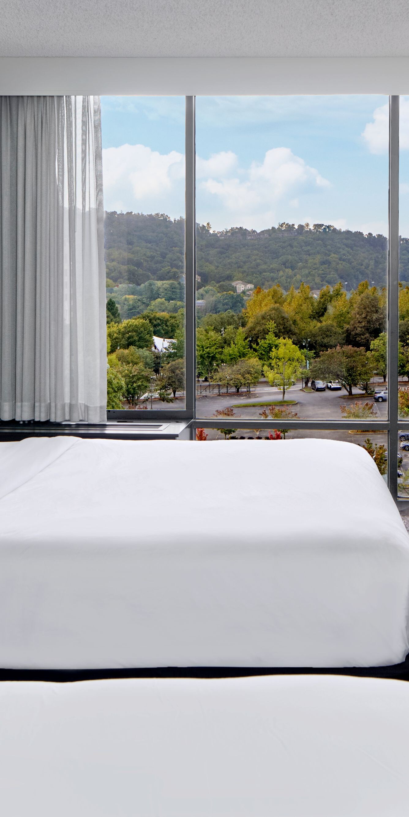 two beds with seating area and city view