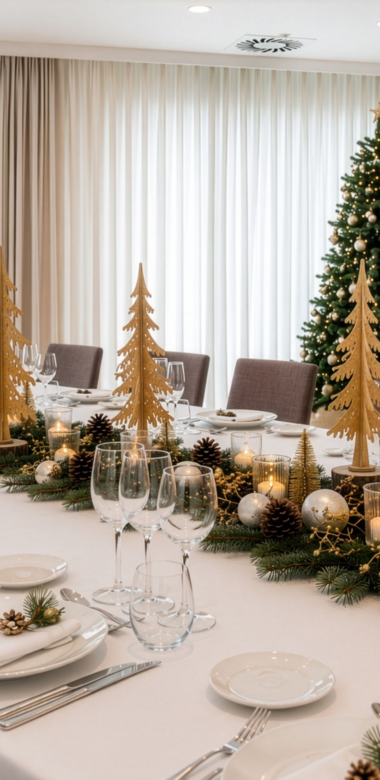 Long banquet table with Christmas decorations