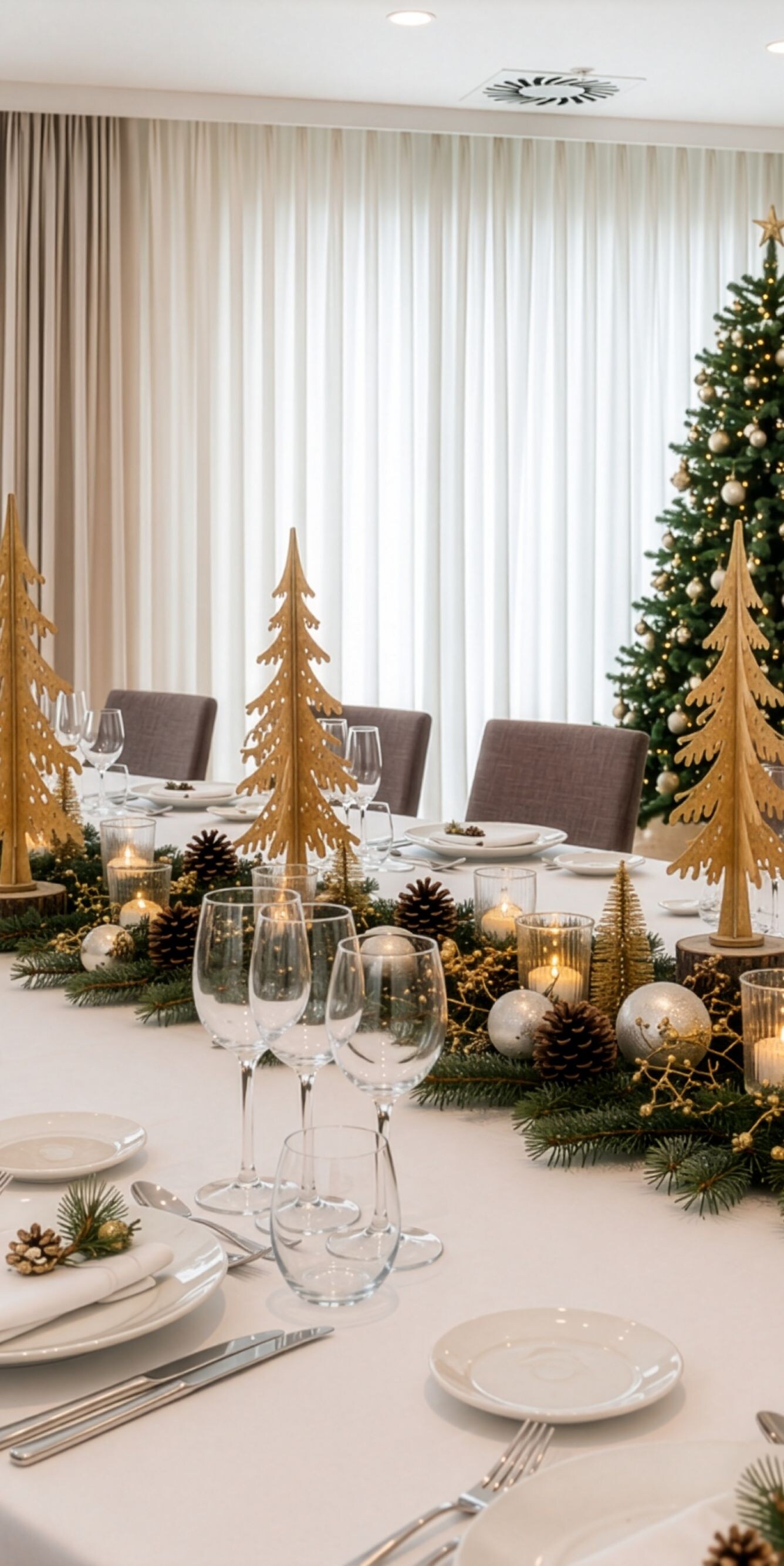 Long banquet table with Christmas decorations