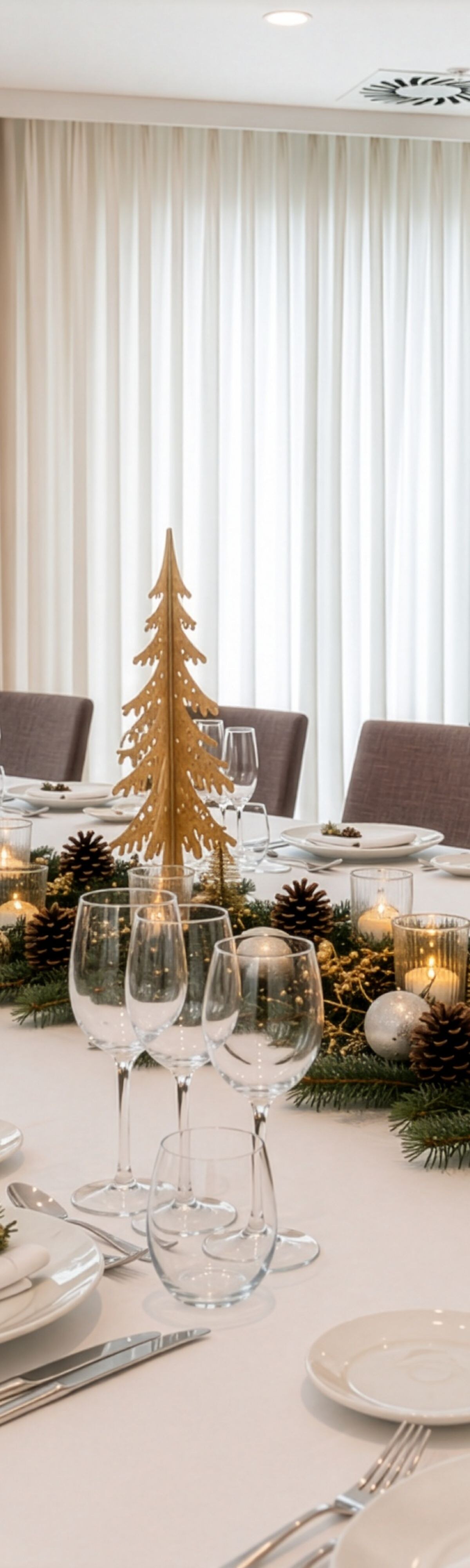 Long banquet table with Christmas decorations