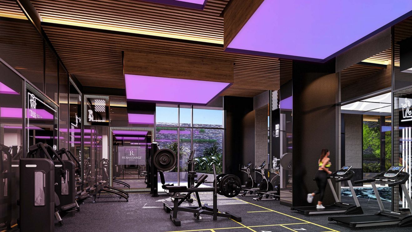 Fitness center with purple light