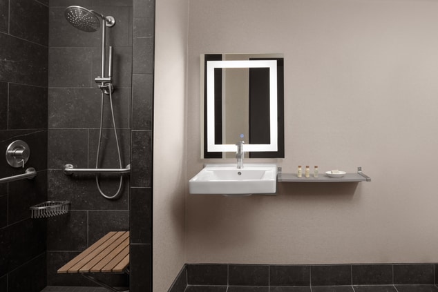 ADA Bathroom with roll in shower and sink
