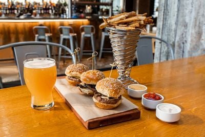 beer, burgers and french fries