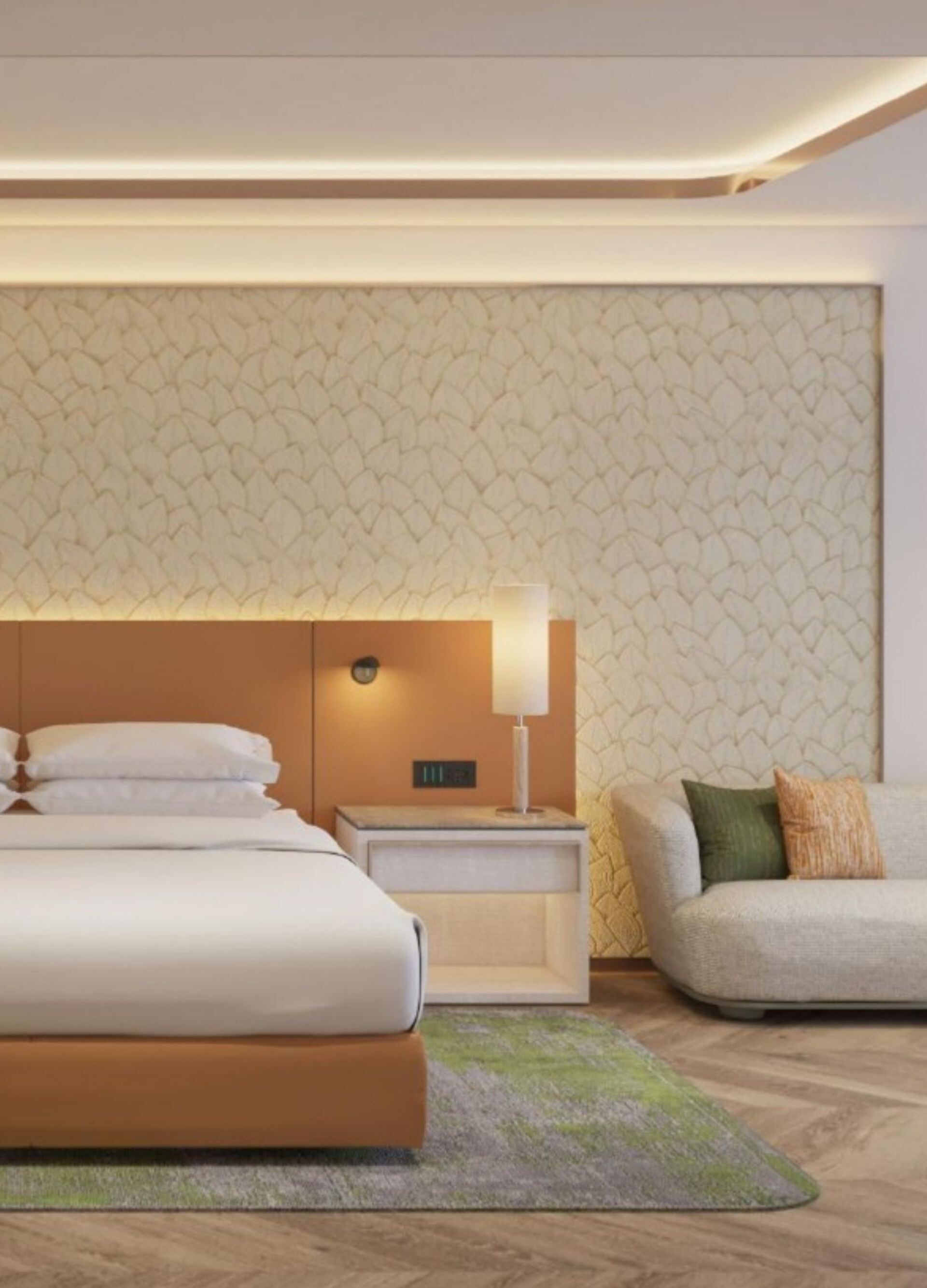 couch, bed, nightstands, and lamps