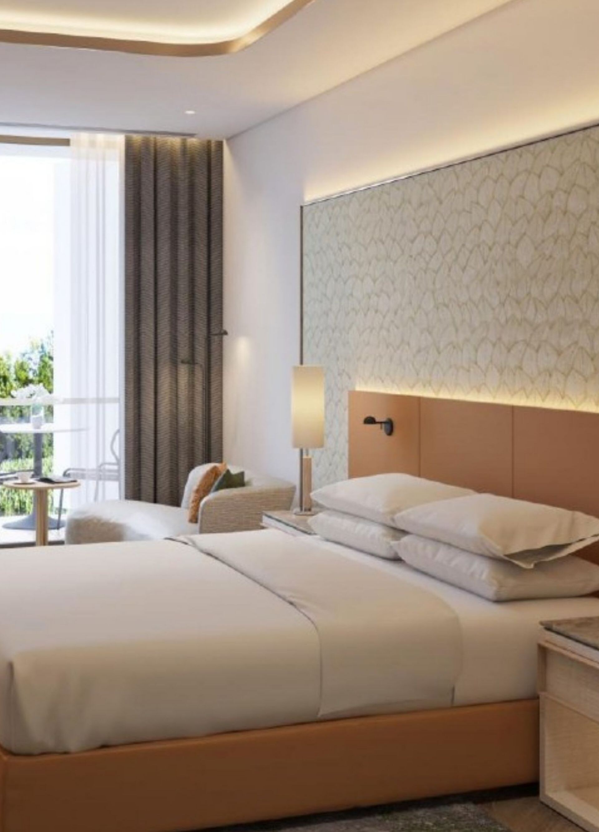bed, nightstands, tv, desk, sitting area