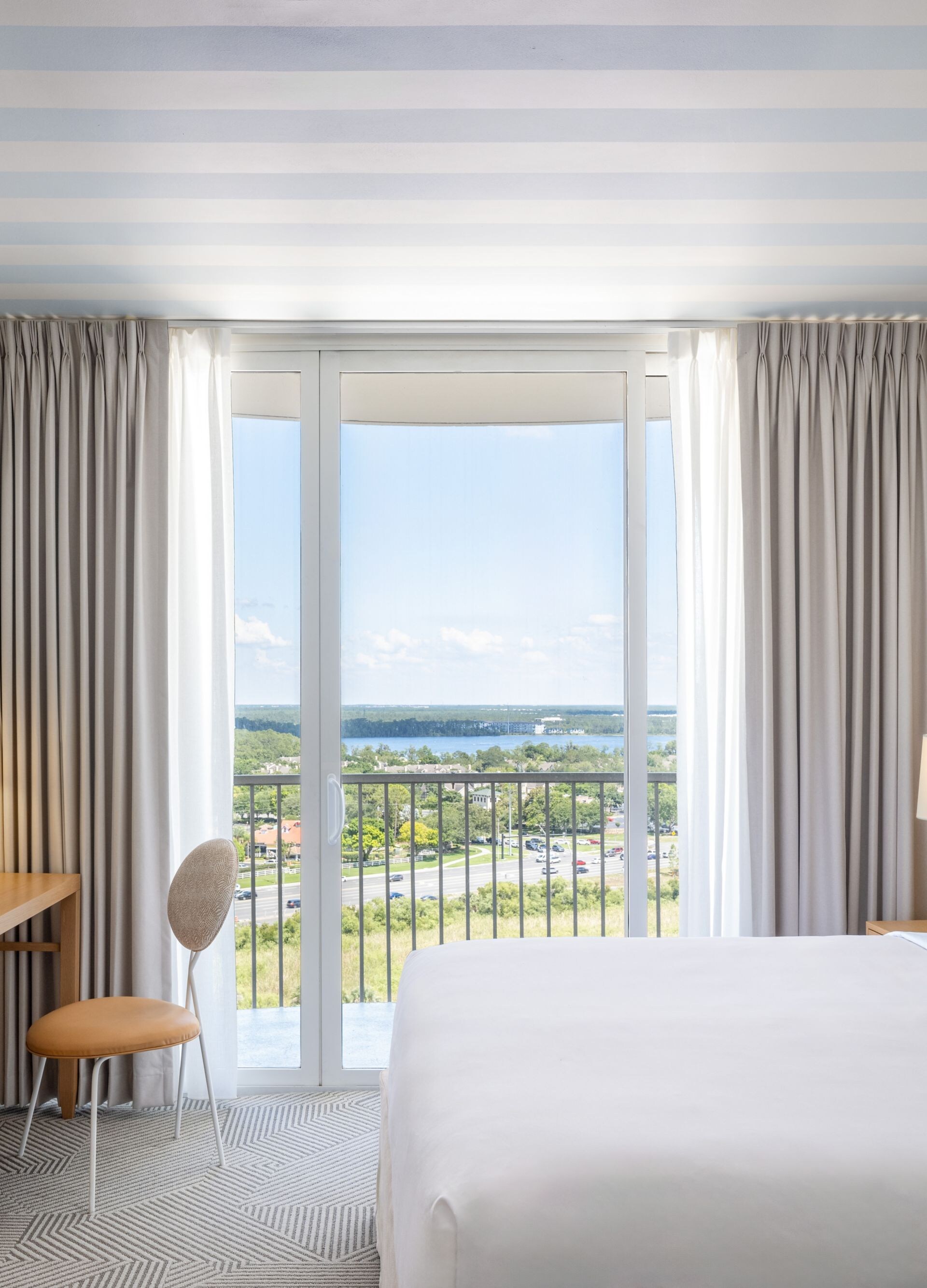 king bed, TV, balcony, view