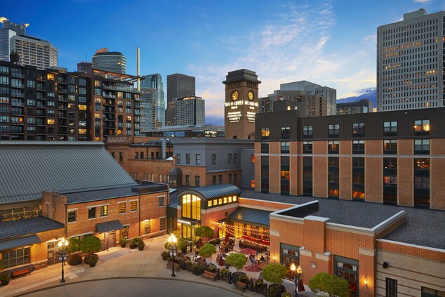 Exterior image of hotel overlooking downtown sunse