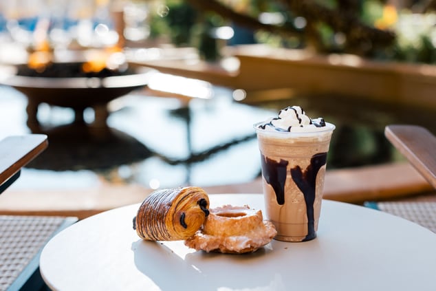 Iced coffee and pastries on a plate