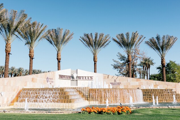 Water feature with palm trees behind it