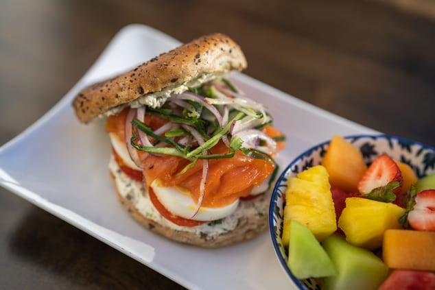 Smoked Salmon Bagel with a fruit cup