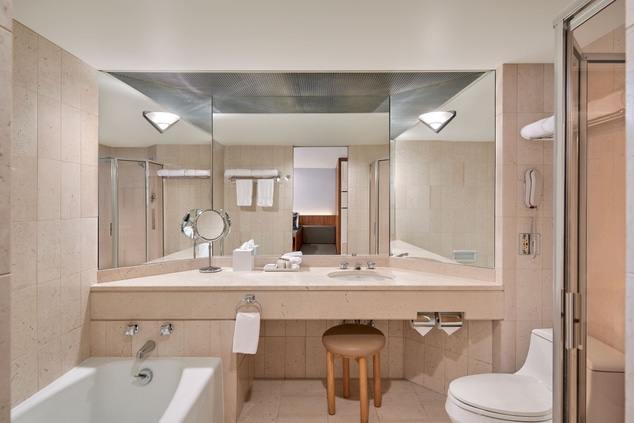 Hotel bathroom with tub, toilet and shower