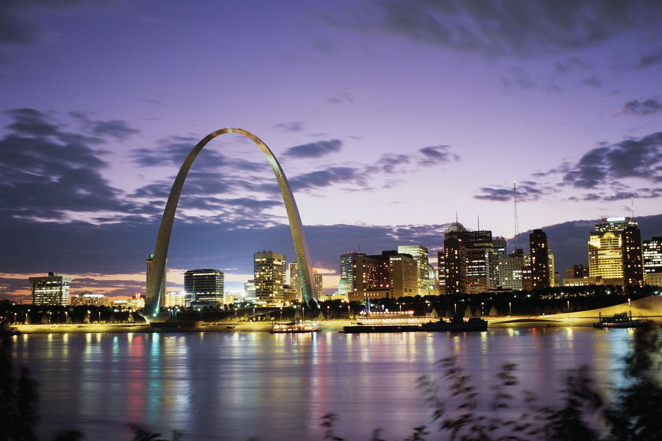 View from across the river of the arch at night