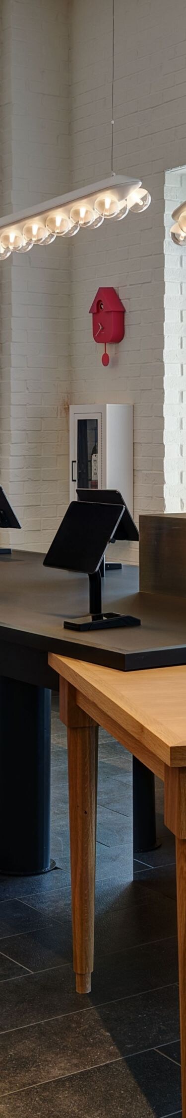 Interior view of hotel check-in kiosks