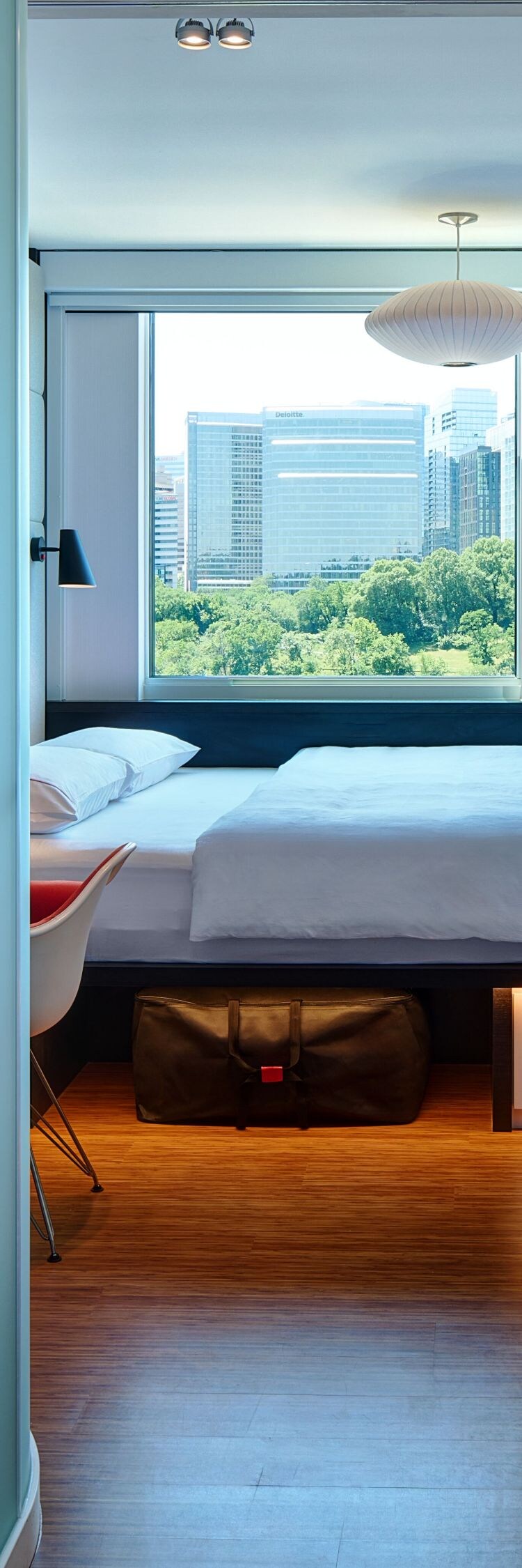 Guest room with a king-sized bed and bathroom
