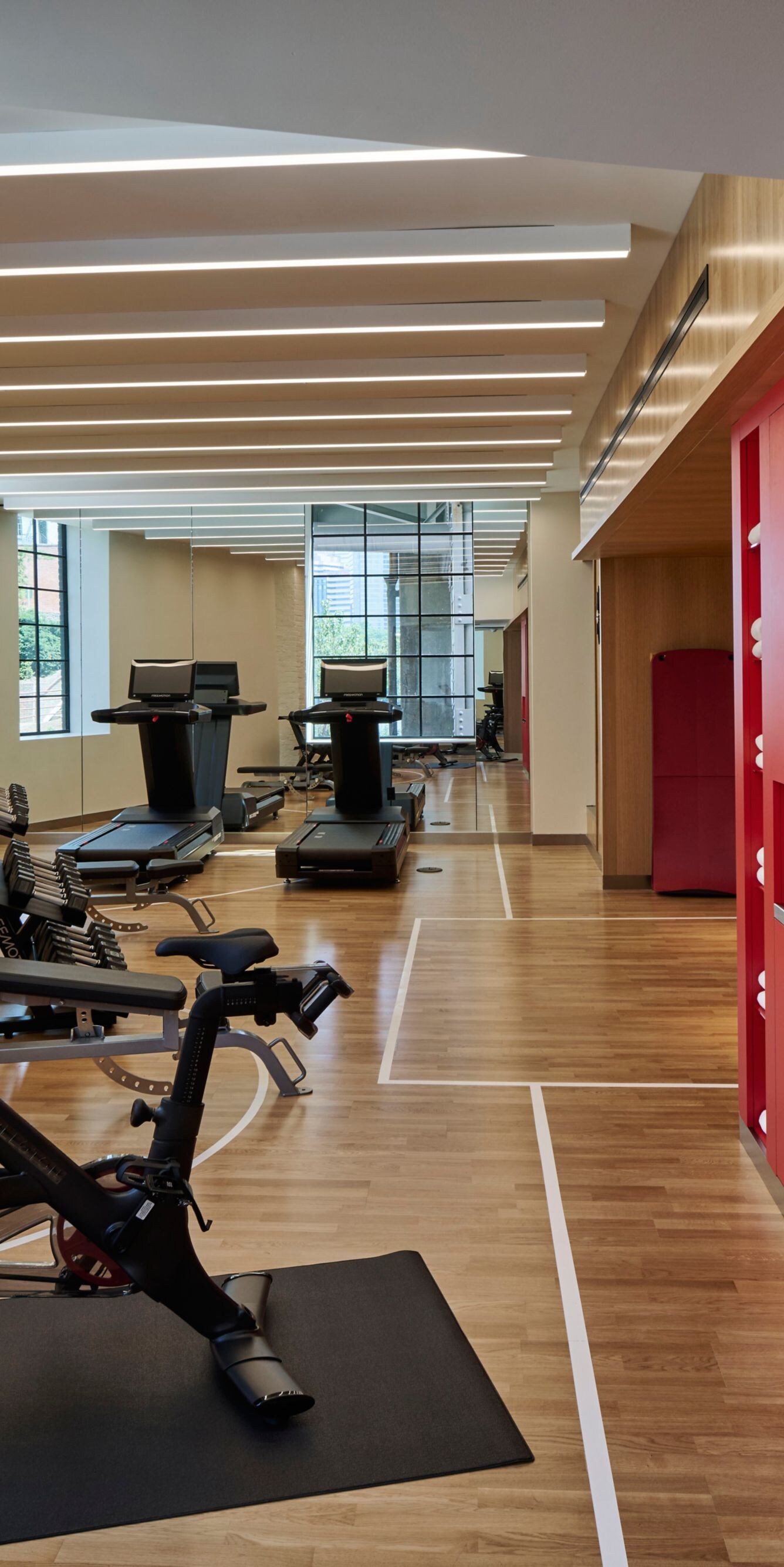 Gym with Pelotons, weights, and treadmills