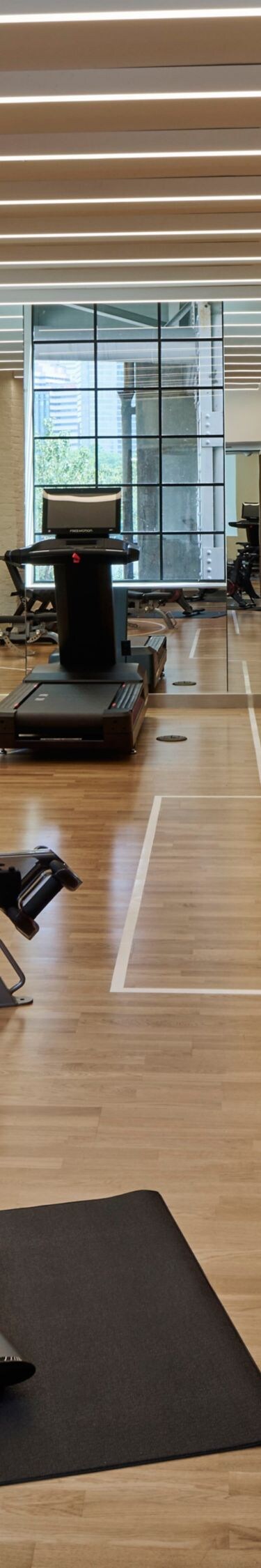 Gym with Pelotons, weights, and treadmills