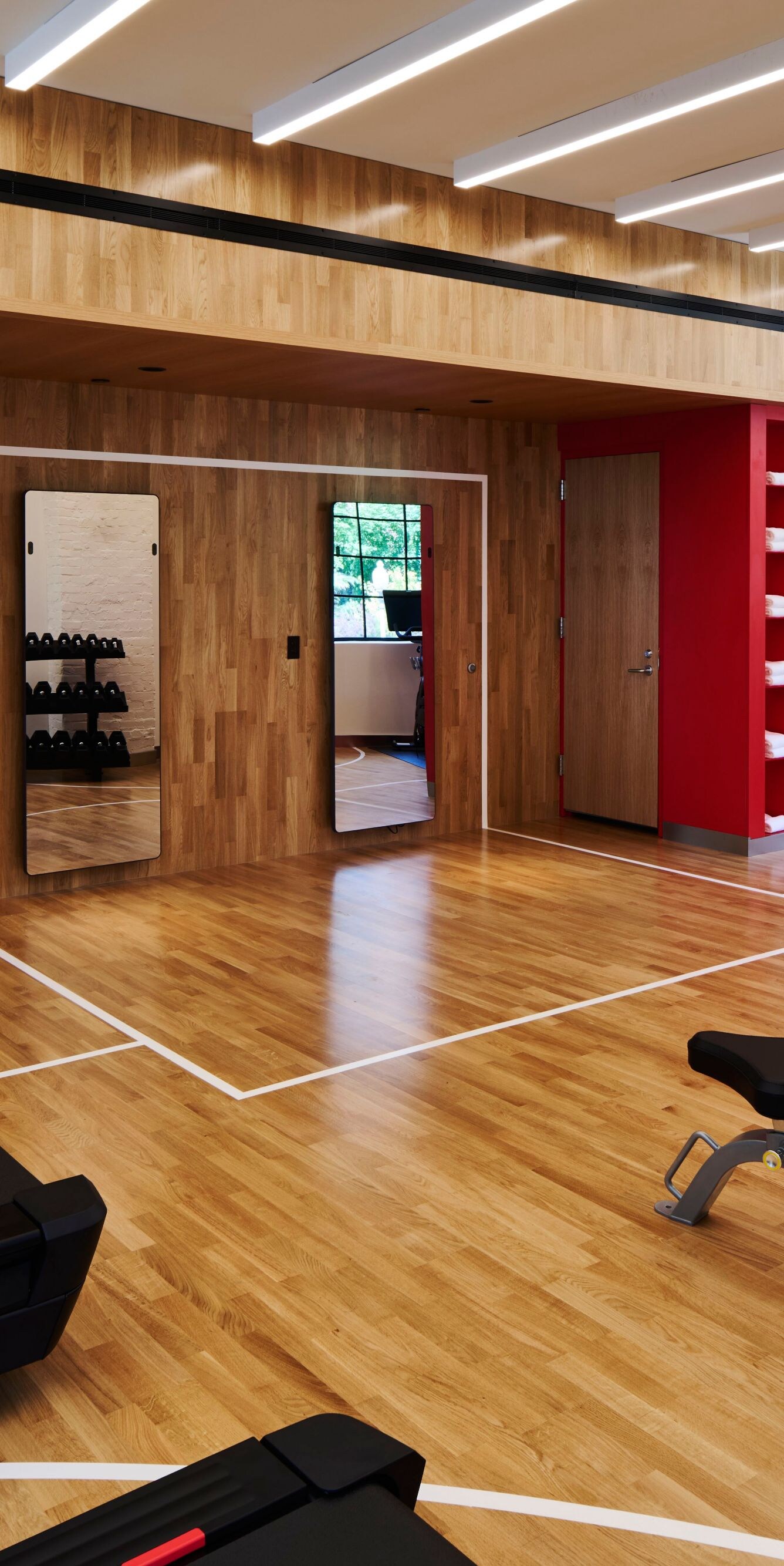 Fitness center with mirrors weights and treadmills