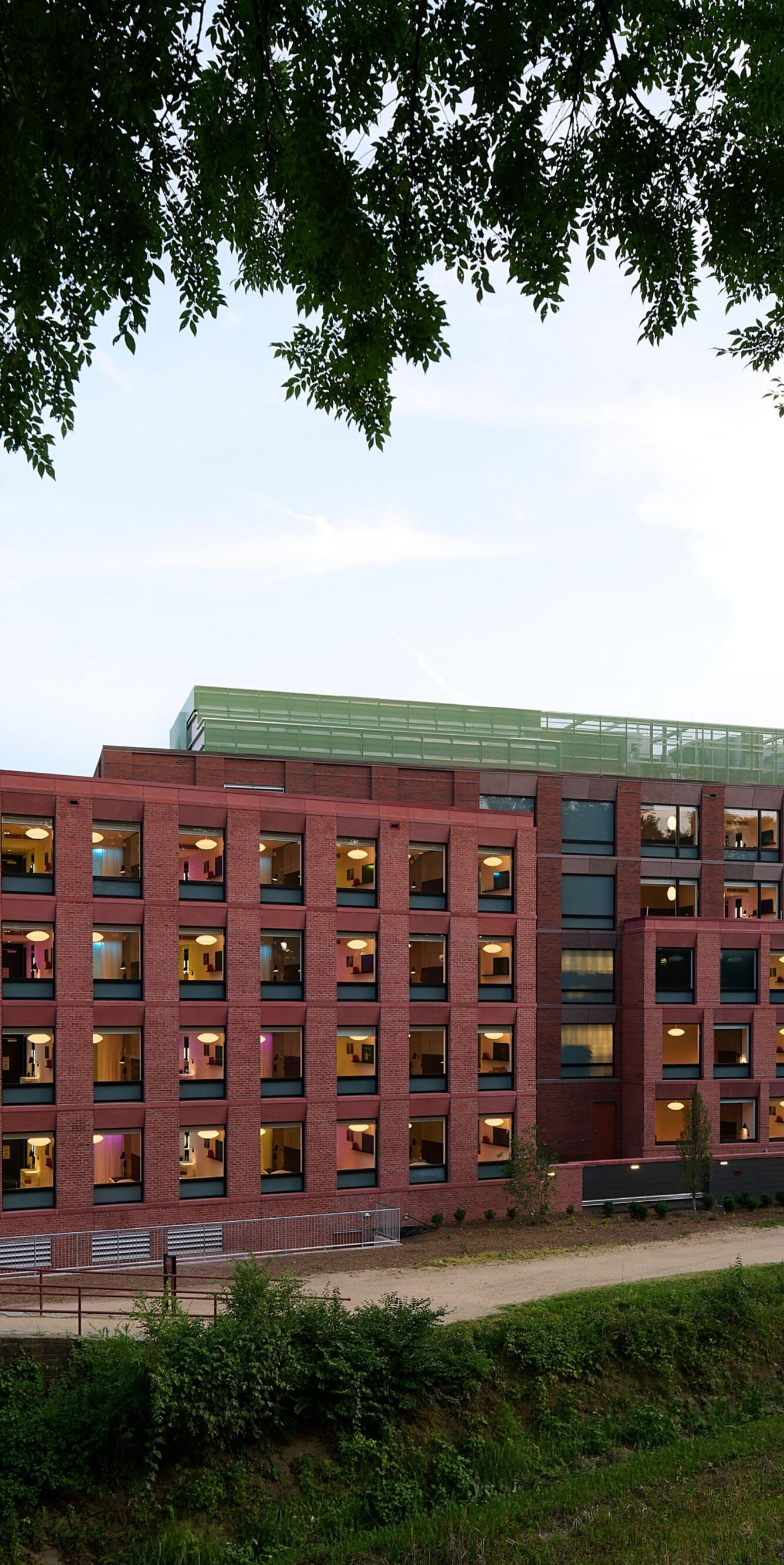 Aerial view of hotel exterior at dusk