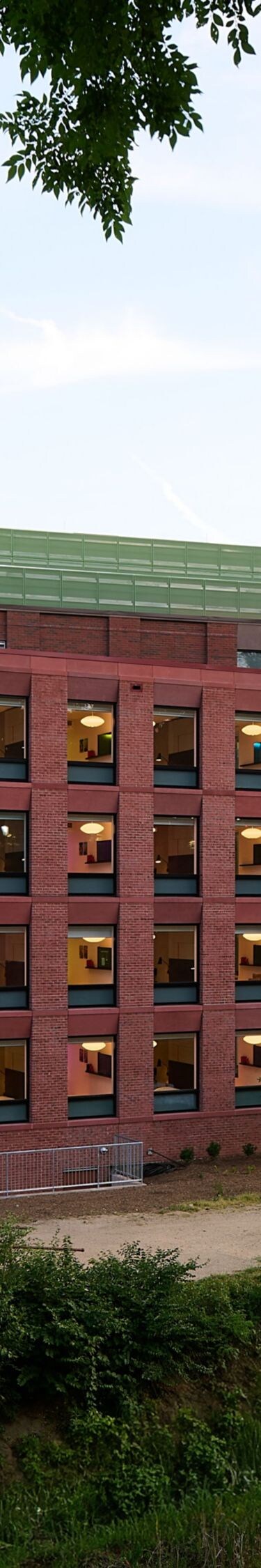 Aerial view of hotel exterior at dusk