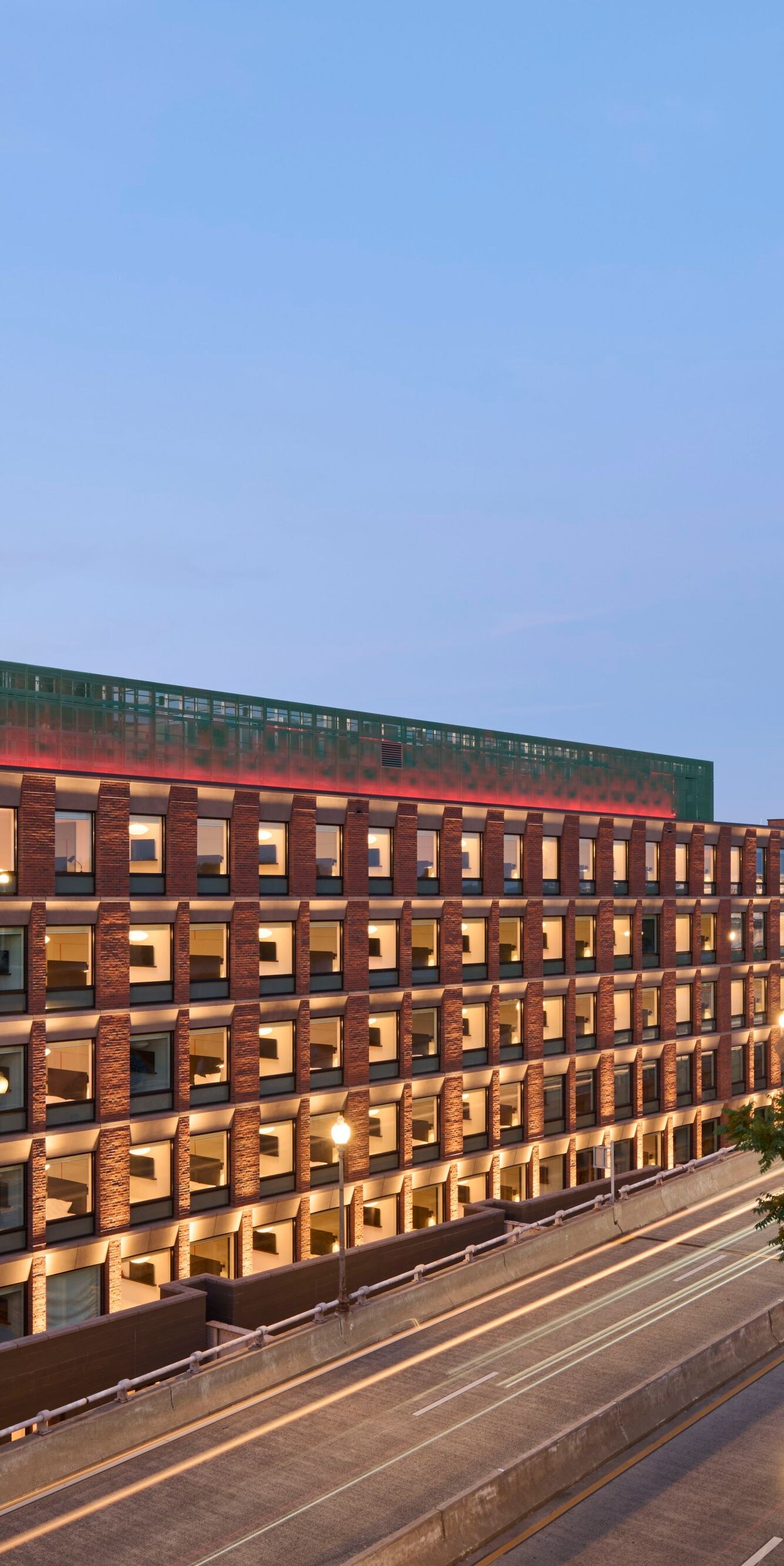 Aerial view of hotel exterior at dusk
