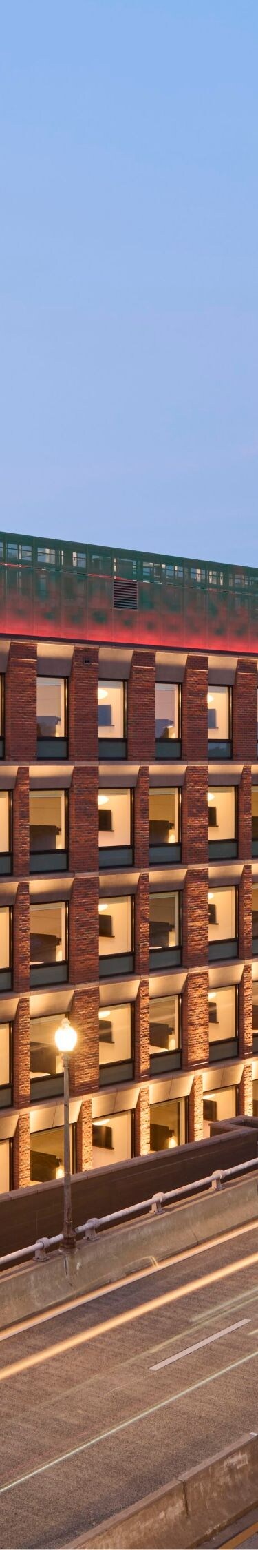 Aerial view of hotel exterior at dusk