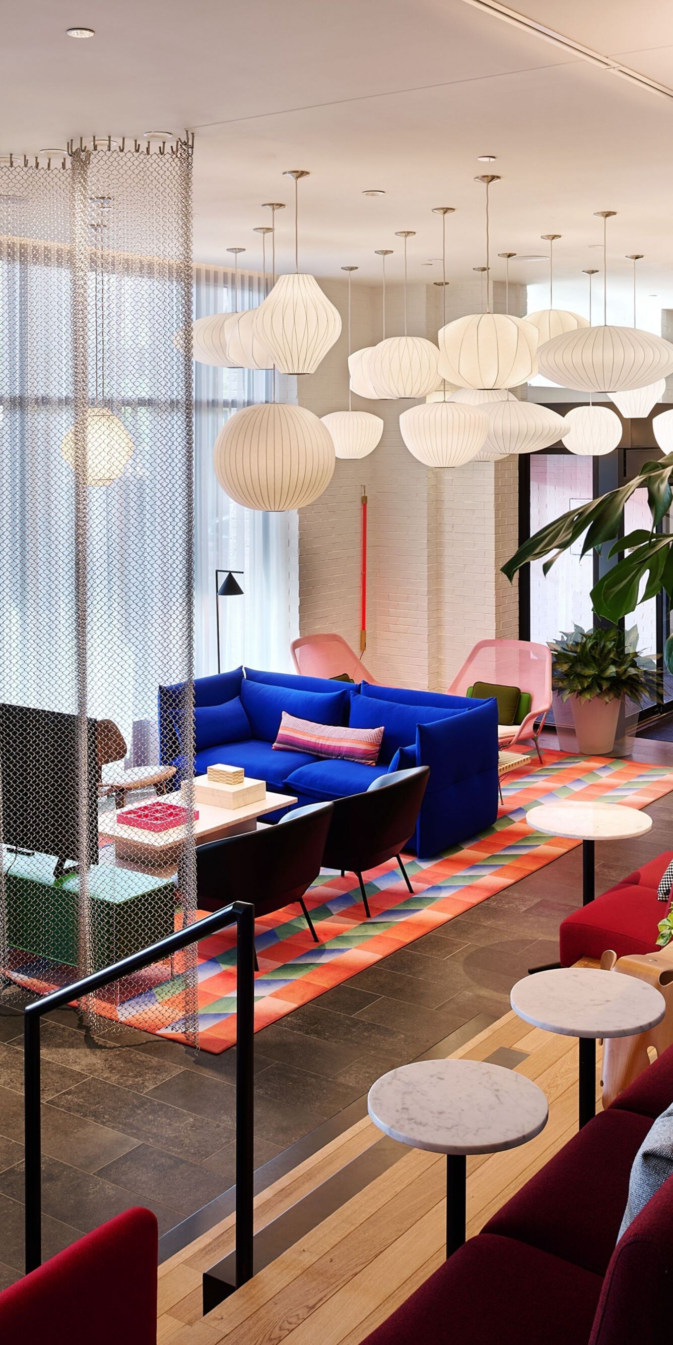 Interior view of hotel living room and workspace